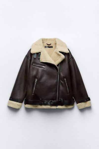 Winter-Lederjacke – Oversized-Bikerjacke aus Leder mit Sherpa-Fleece für Damen