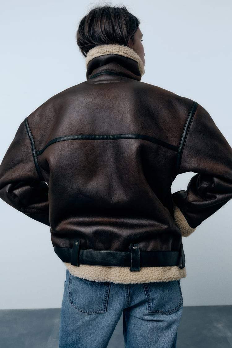 Winter-Lederjacke – Oversized-Bikerjacke aus Leder mit Sherpa-Fleece für Damen