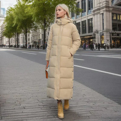 Lange Pufferjacke – warm – mit Kapuze – wattierter Damenmantel – langer Wintermantel für Damen