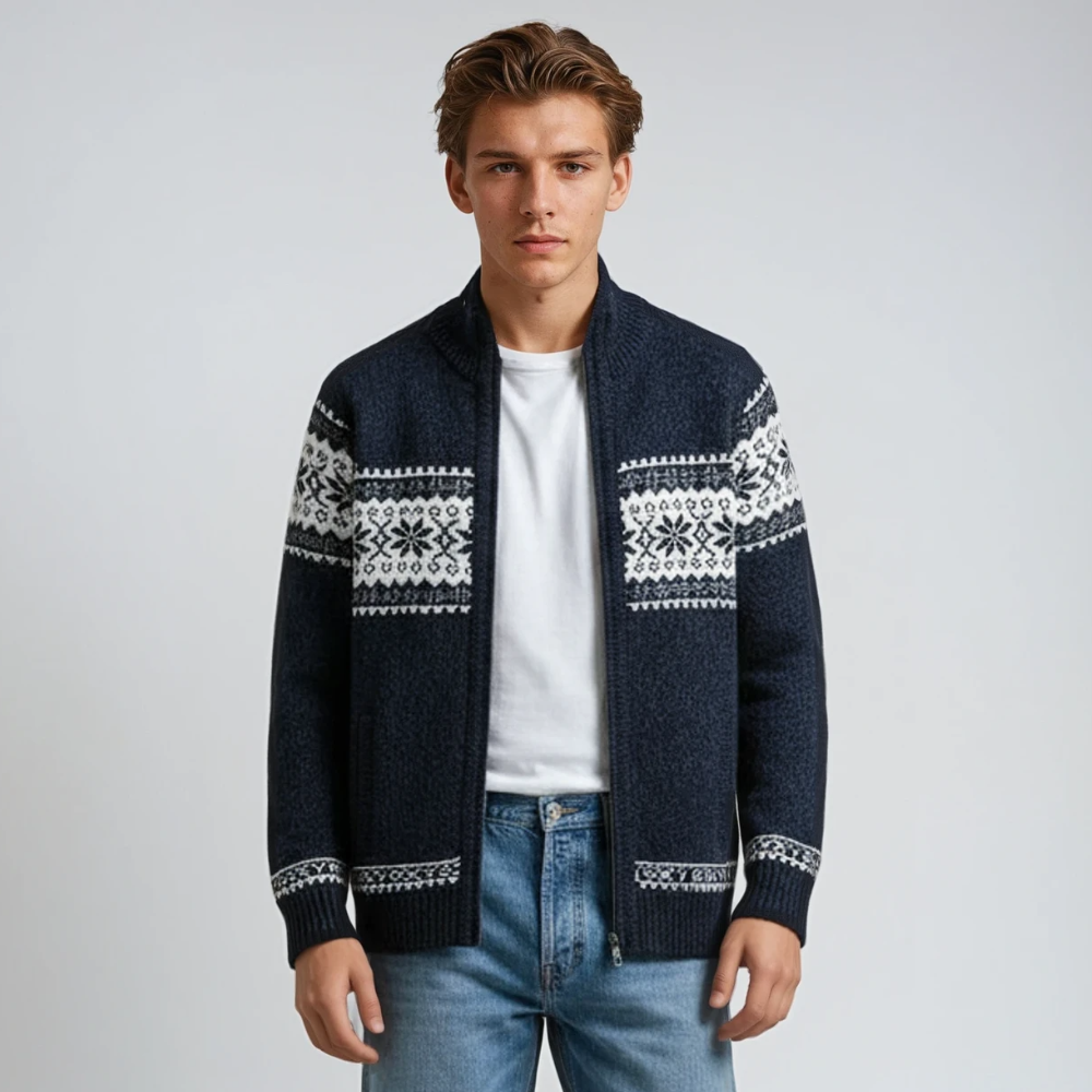 Gestrickte Strickjacke | Winter | Schneeflocke | Strickjacke mit Reißverschluss | Herren-Strickmode