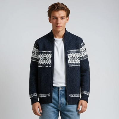 Gestrickte Strickjacke | Winter | Schneeflocke | Strickjacke mit Reißverschluss | Herren-Strickmode