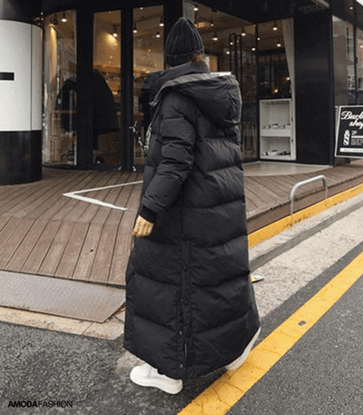 Langer Puffermantel - mit Kapuze - Oversized - Damen lange Pufferjacke - Damen Wintermantel