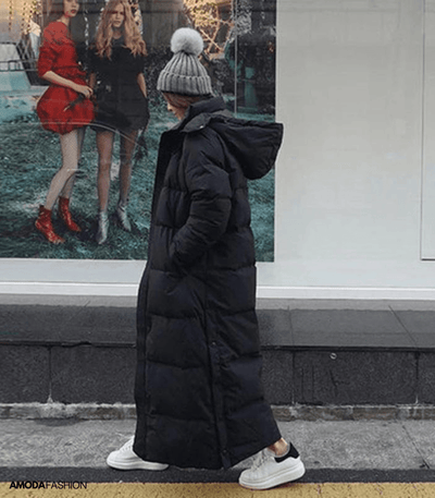 Langer Puffermantel - mit Kapuze - Oversized - Damen lange Pufferjacke - Damen Wintermantel
