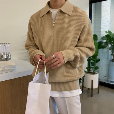 Pullover mit Viertelreißverschluss | Gestrickt | Lockere Passform | Polo-Pullover | Herren-Pullover mit halbem Reißverschluss