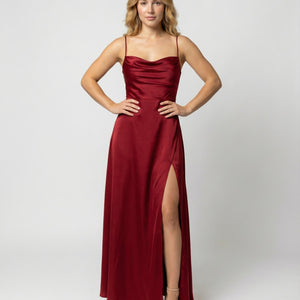 Satin Abendkleid Damen | Maxikleid mit Beinschlitz | Elegantes Ballkleid