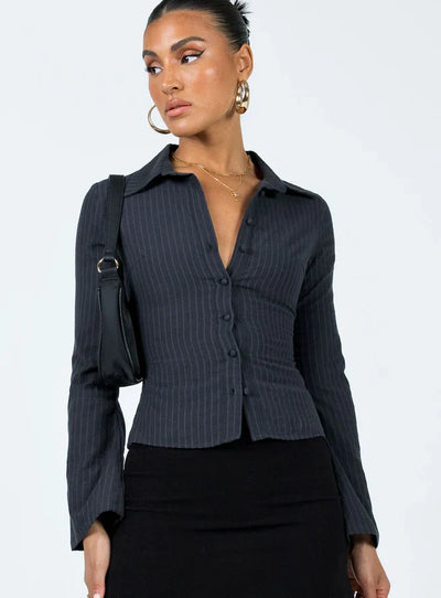 Ladies Button-Up Shirt - Gestreift - Glockenärmel - Bluse - Damenhemden