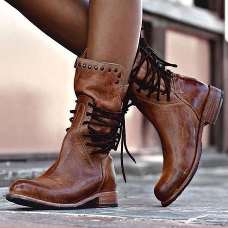 Lederstiefel – Flache Boho-Stiefel für Damen, halbhohe Wadenstiefel