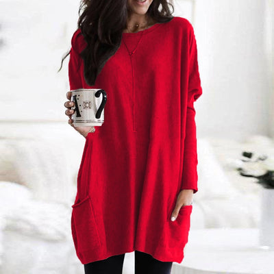 Strickpullover – Lockere Passform – Taschen – Langer Pullover – Damenstrickwaren