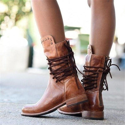 Lederstiefel – Flache Boho-Stiefel für Damen, halbhohe Wadenstiefel