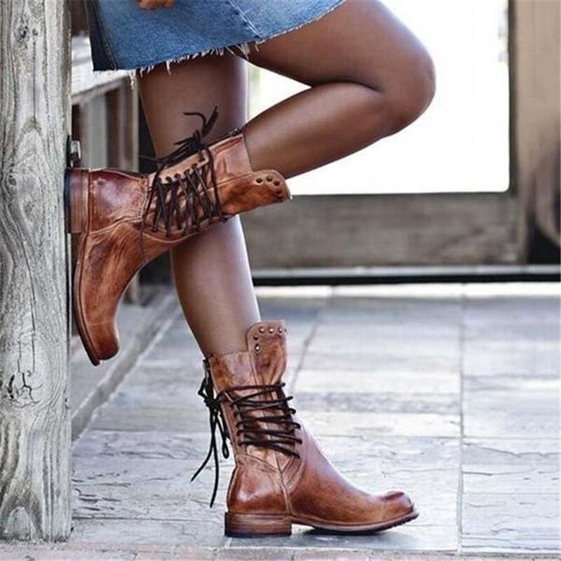 Lederstiefel – Flache Boho-Stiefel für Damen, halbhohe Wadenstiefel