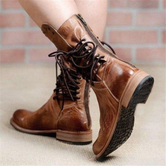 Lederstiefel – Flache Boho-Stiefel für Damen, halbhohe Wadenstiefel