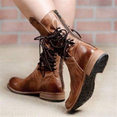 Lederstiefel – Flache Boho-Stiefel für Damen, halbhohe Wadenstiefel