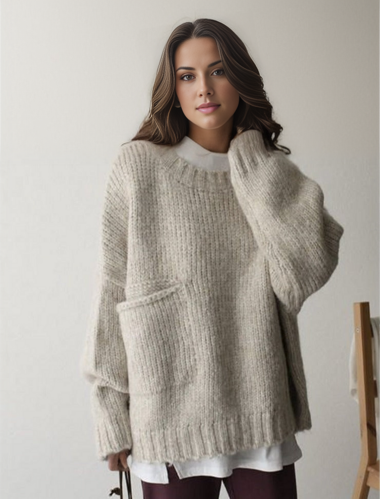 Übergroßer Pullover - Hellgrauer Damen Pullover in lockerer Passform aus grobem Strick