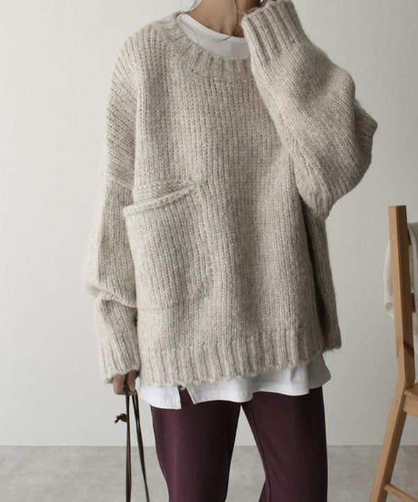 Übergroßer Pullover - Hellgrauer Damen Pullover in lockerer Passform aus grobem Strick