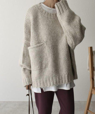 Übergroßer Pullover - Hellgrauer Damen Pullover in lockerer Passform aus grobem Strick