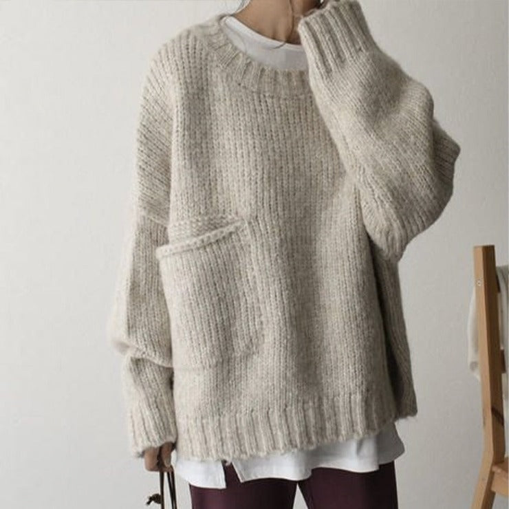 Übergroßer Pullover - Hellgrauer Damen Pullover in lockerer Passform aus grobem Strick