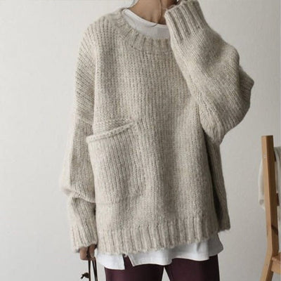 Übergroßer Pullover - Hellgrauer Damen Pullover in lockerer Passform aus grobem Strick