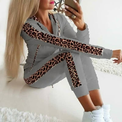 Trainingsanzug – Leopardenmuster – Reißverschluss – Set aus Kapuzenpullover und Jogginghose – Loungewear für Frauen