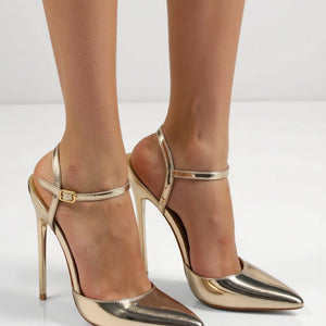 Metallic Pumps Damen | Spitze Absatzschuhe mit Riemchen | Partyschuhe