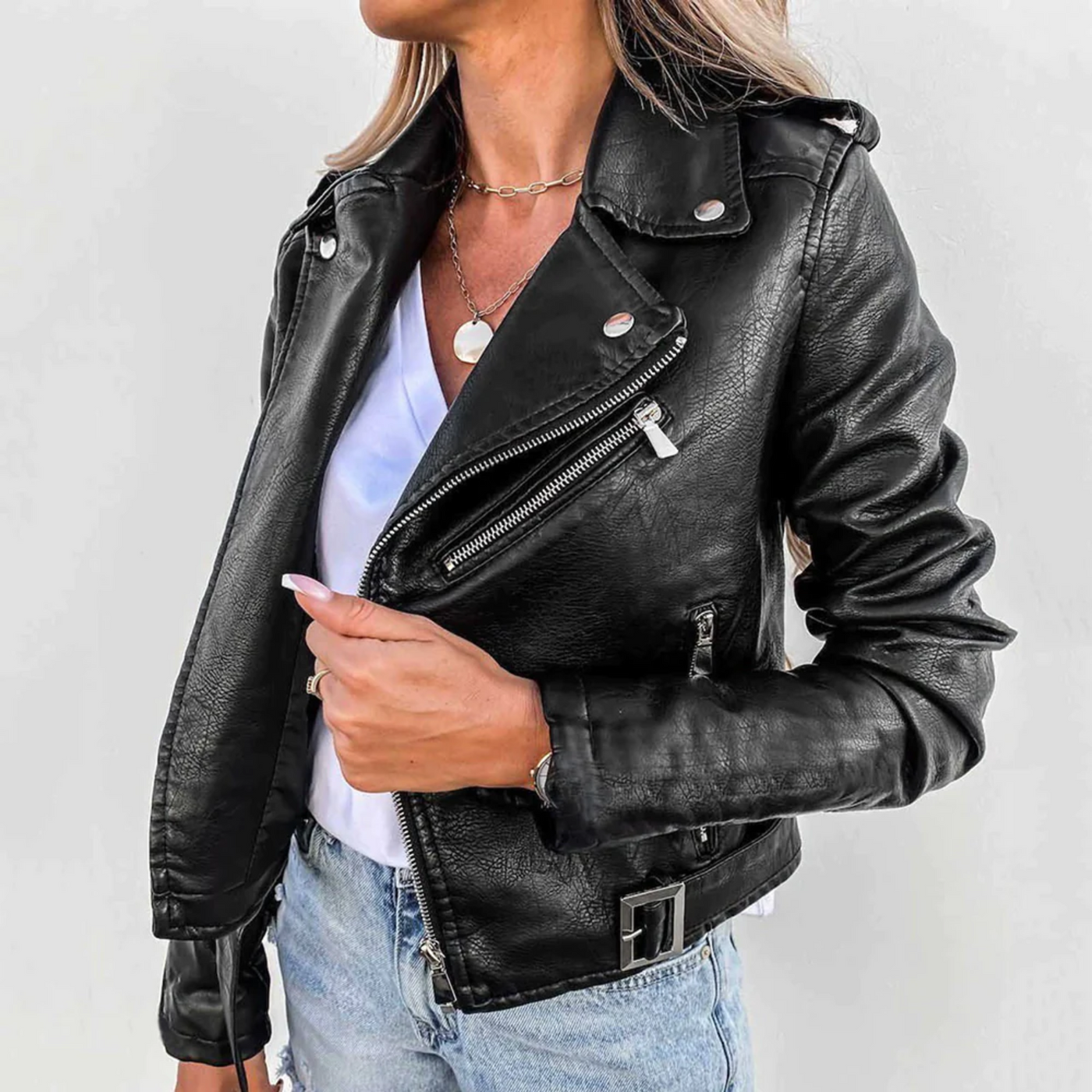 Lederjacke | Schmaler Schnitt | Gürtel | Bikerjacke | Damen-Lederjacke