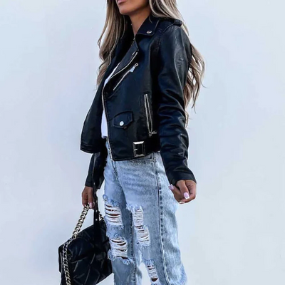 Lederjacke | Schmaler Schnitt | Gürtel | Bikerjacke | Damen-Lederjacke