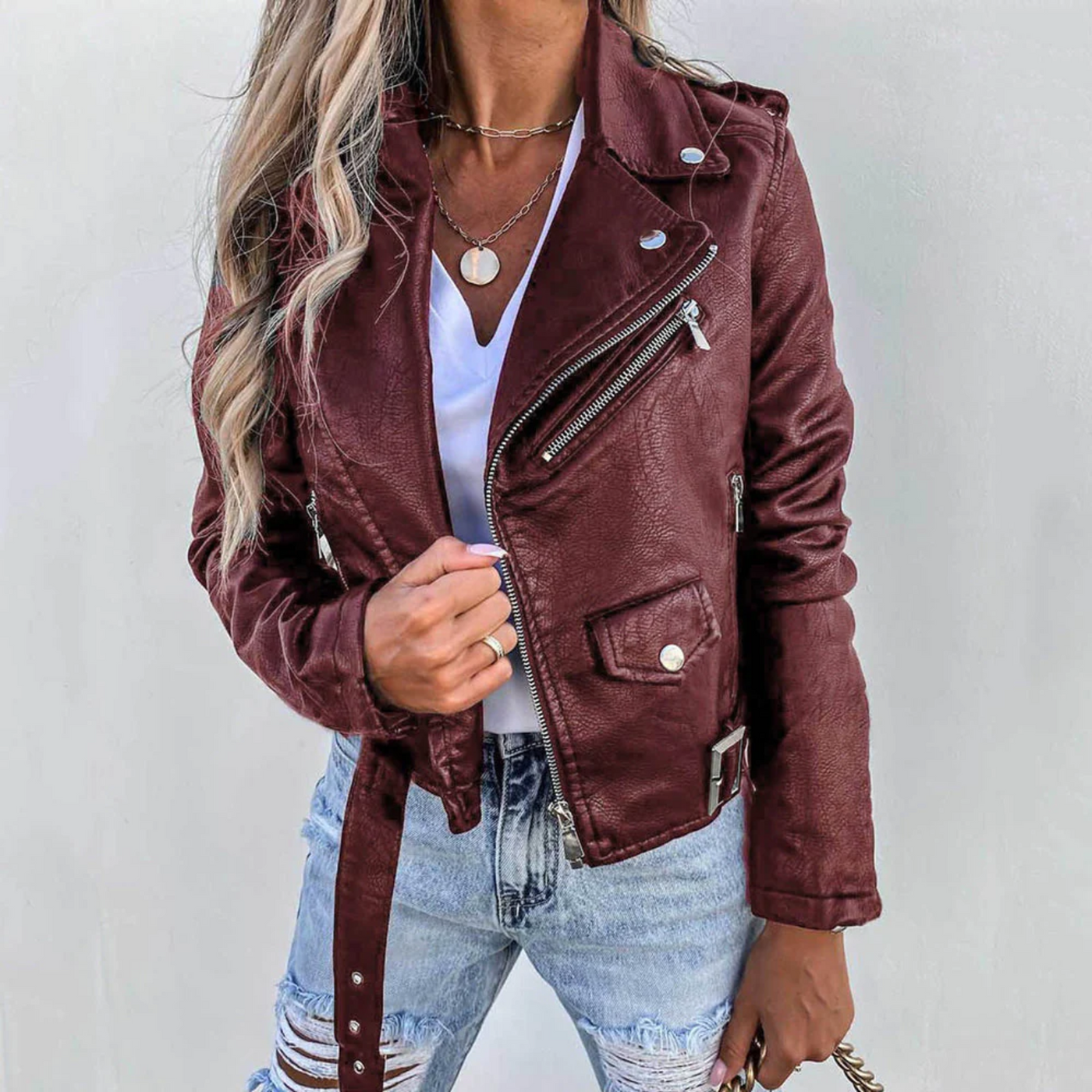 Lederjacke | Schmaler Schnitt | Gürtel | Bikerjacke | Damen-Lederjacke