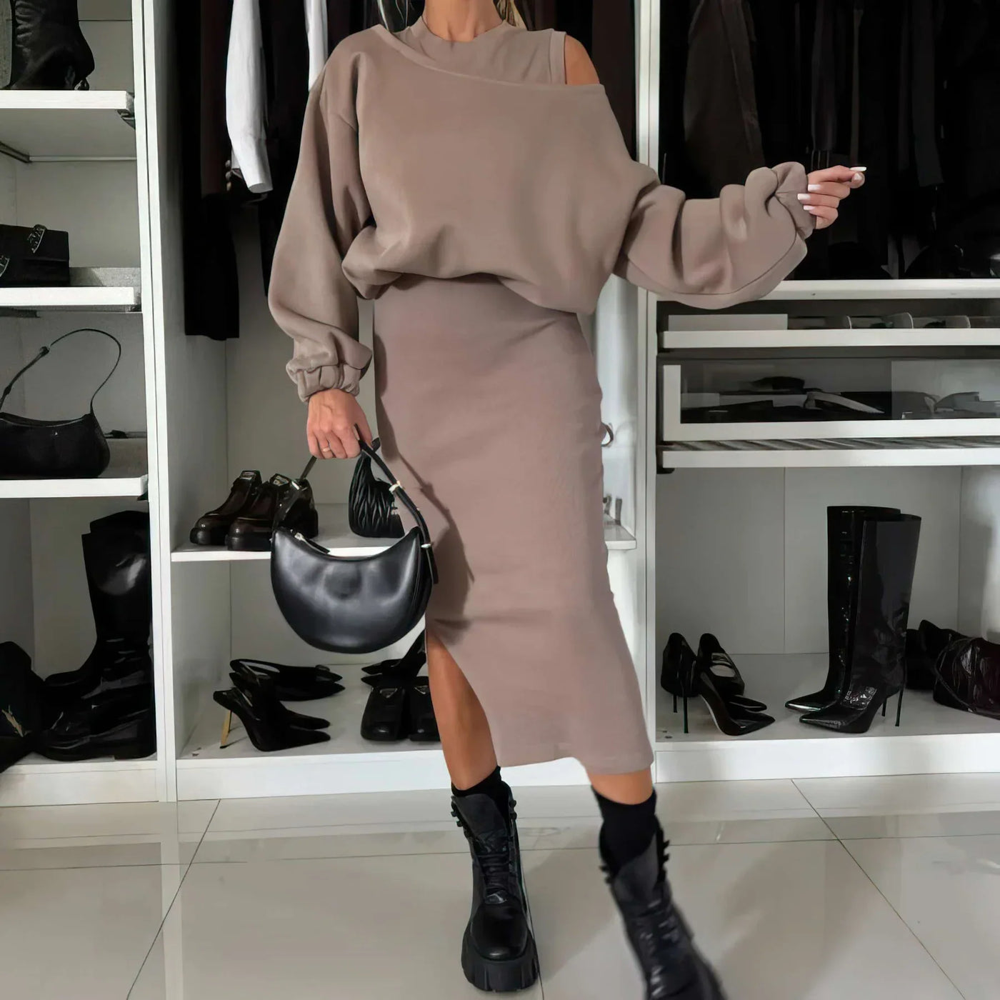 Co-Ord Set - Damen Bodycon Midi Kleid und Sweatshirt Set