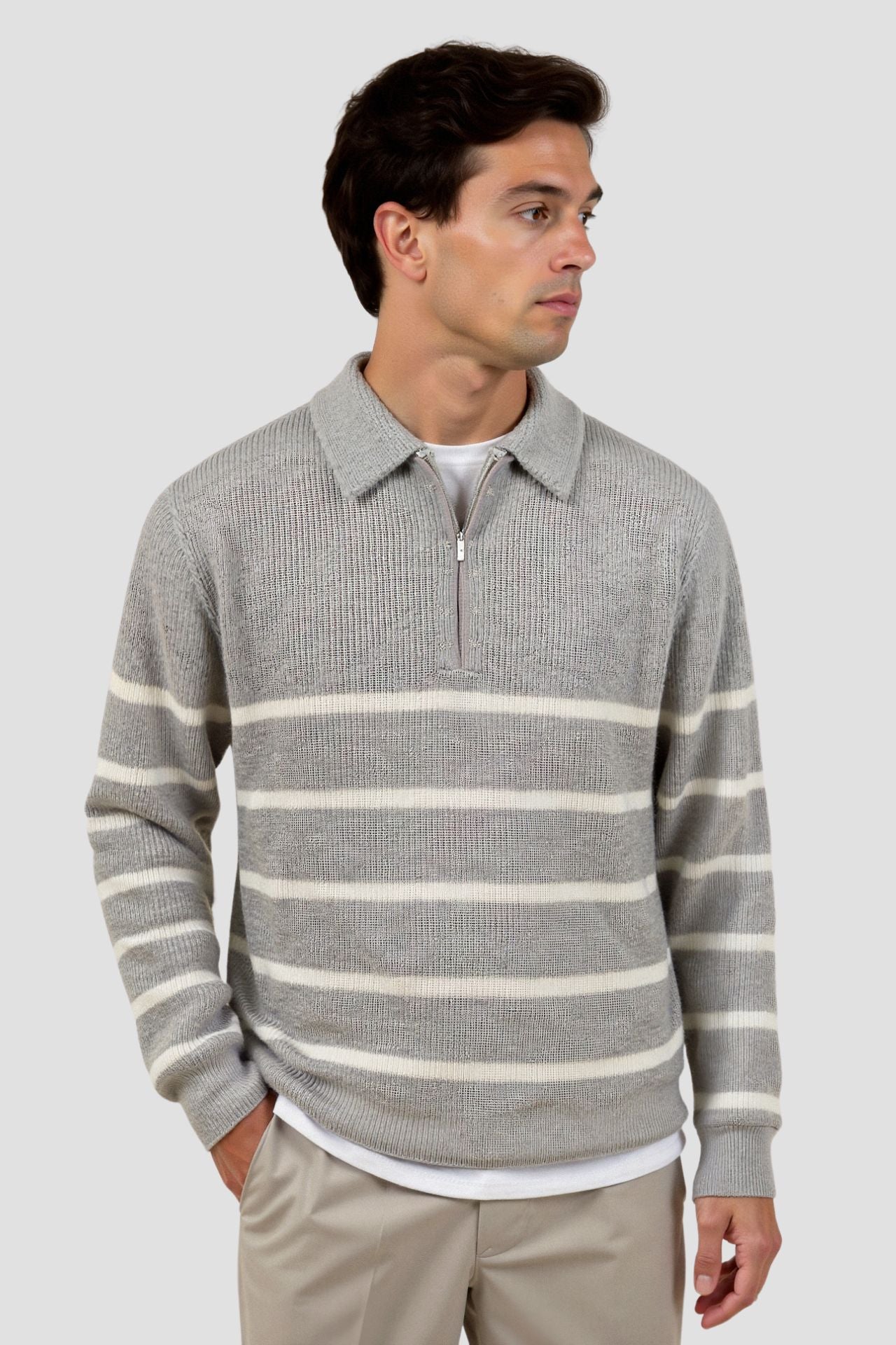 Polo Pullover - Gestreifter Polo-Pullover mit Viertel-Reißverschluss für Männer