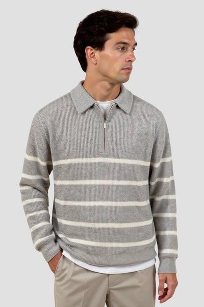 Polo Pullover - Gestreifter Polo-Pullover mit Viertel-Reißverschluss für Männer