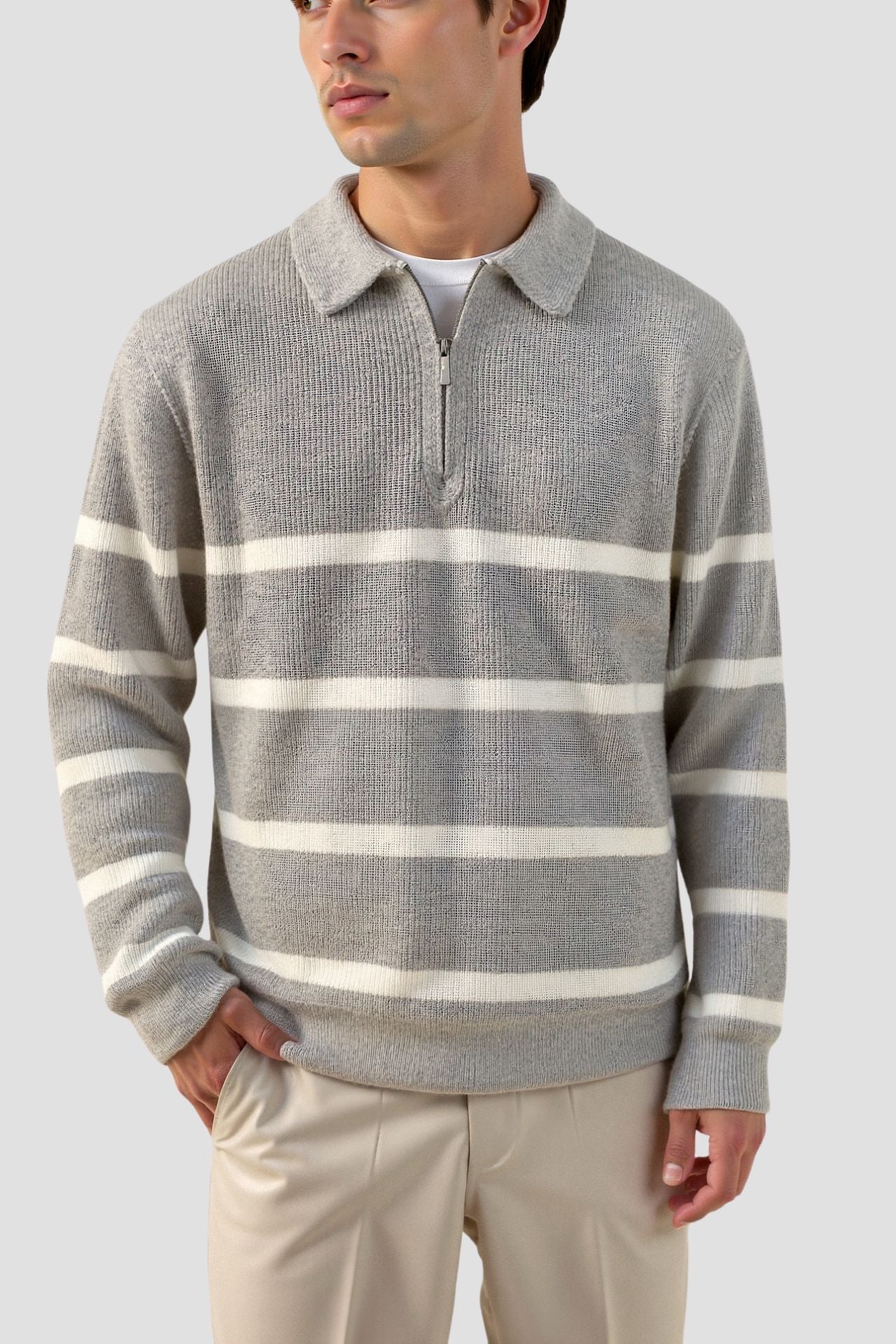 Polo Pullover - Gestreifter Polo-Pullover mit Viertel-Reißverschluss für Männer