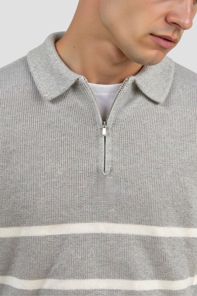 Polo Pullover - Gestreifter Polo-Pullover mit Viertel-Reißverschluss für Männer