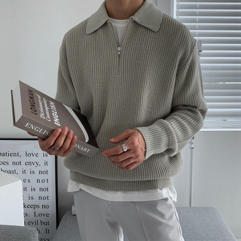 Pullover mit Viertelreißverschluss | Gestrickt | Lockere Passform | Polo-Pullover | Herren-Pullover mit halbem Reißverschluss