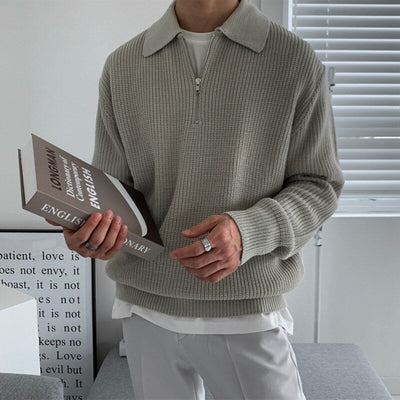 Pullover mit Viertelreißverschluss | Gestrickt | Lockere Passform | Polo-Pullover | Herren-Pullover mit halbem Reißverschluss