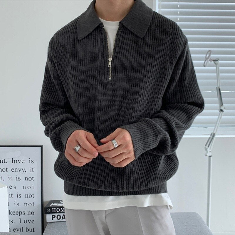 Pullover mit Viertelreißverschluss | Gestrickt | Lockere Passform | Polo-Pullover | Herren-Pullover mit halbem Reißverschluss