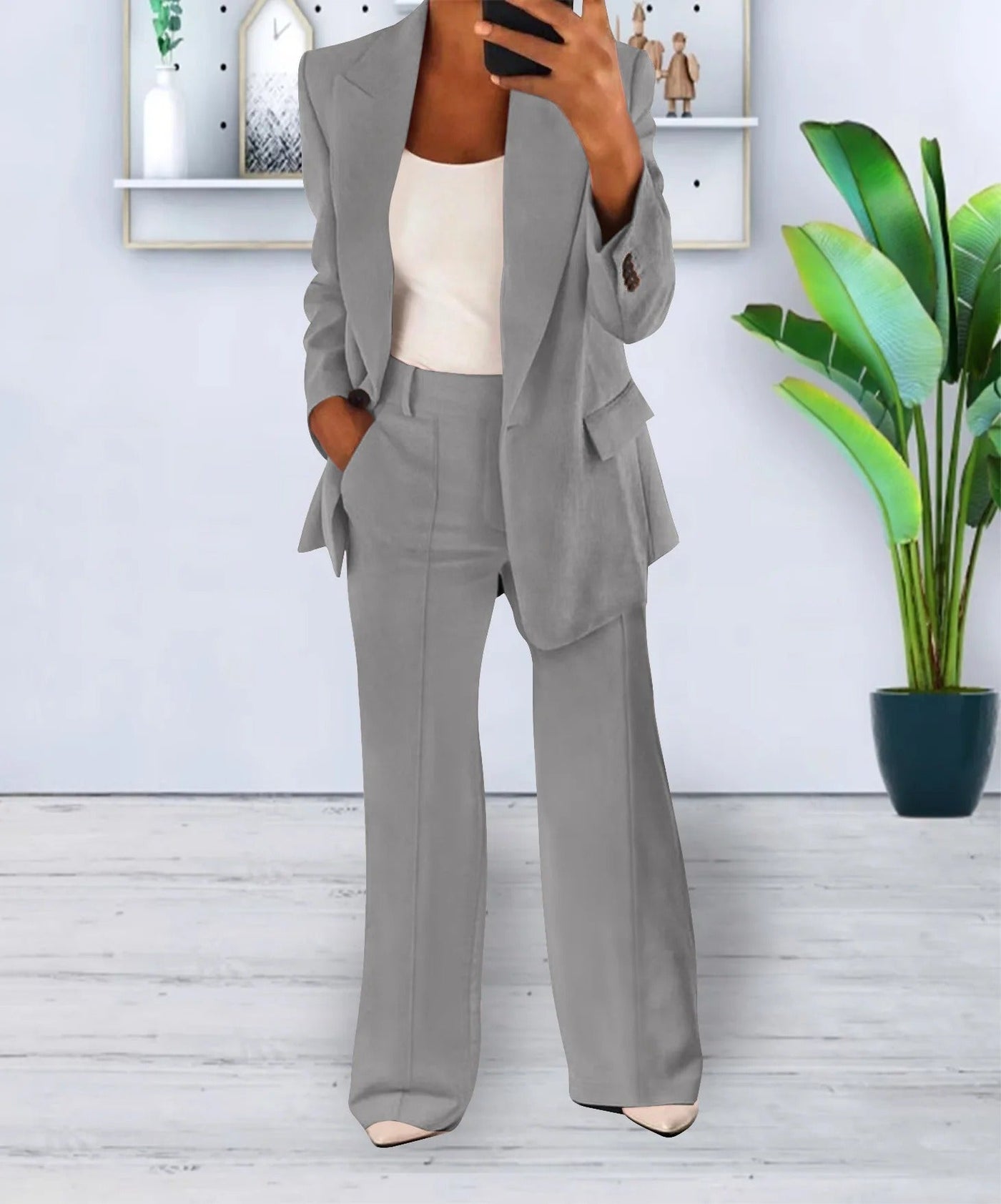 Blazer-Set | Einreiher | Weite Beinweite | Zweiteiler | Kostüm-Set für Damen