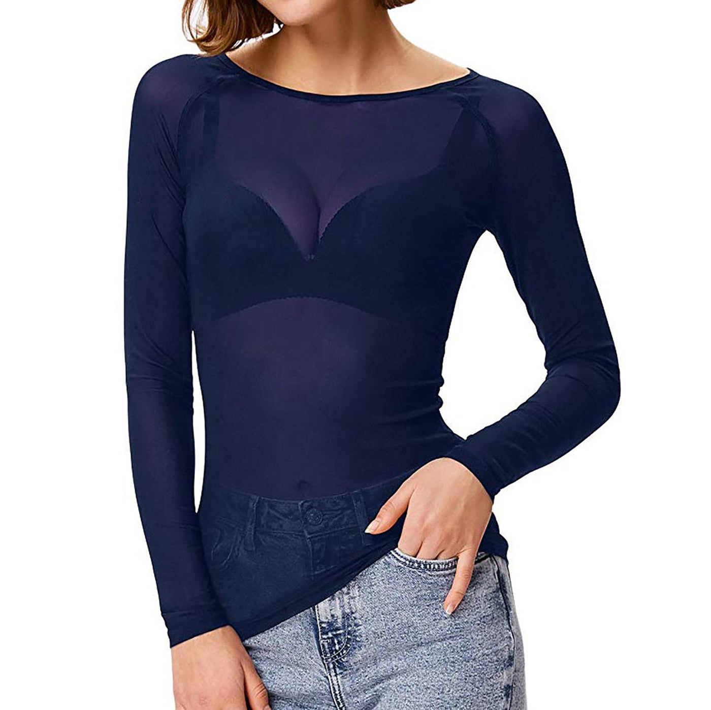 Durchsichtiges Langarm-Top - Schwarz - Weiß - Langarm-Top aus Mesh - Damenbekleidung