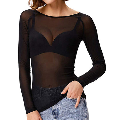 Durchsichtiges Langarm-Top - Schwarz - Weiß - Langarm-Top aus Mesh - Damenbekleidung