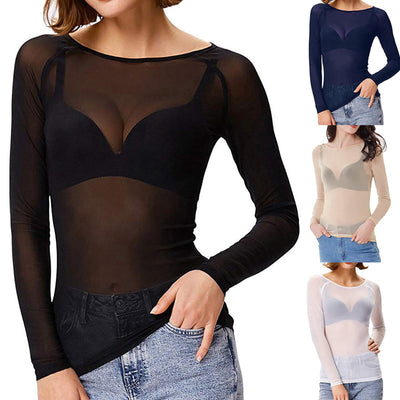 Durchsichtiges Langarm-Top - Schwarz - Weiß - Langarm-Top aus Mesh - Damenbekleidung