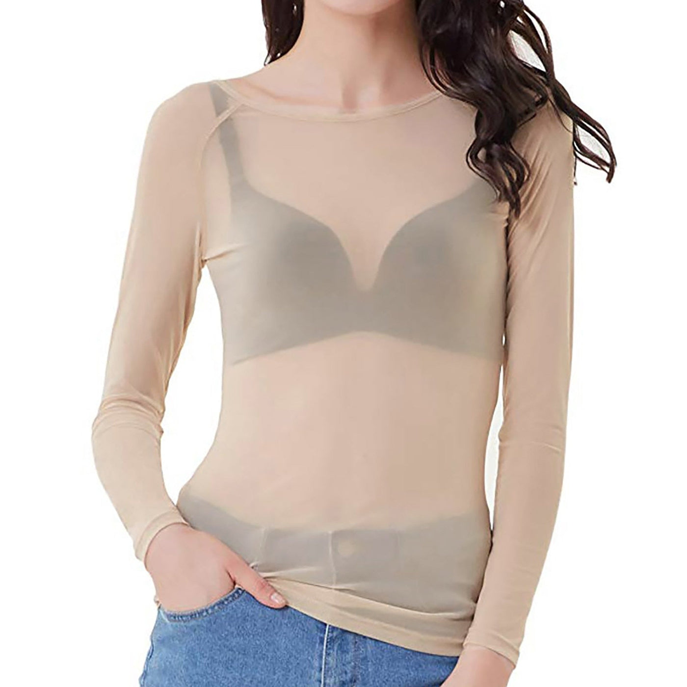 Durchsichtiges Langarm-Top - Schwarz - Weiß - Langarm-Top aus Mesh - Damenbekleidung